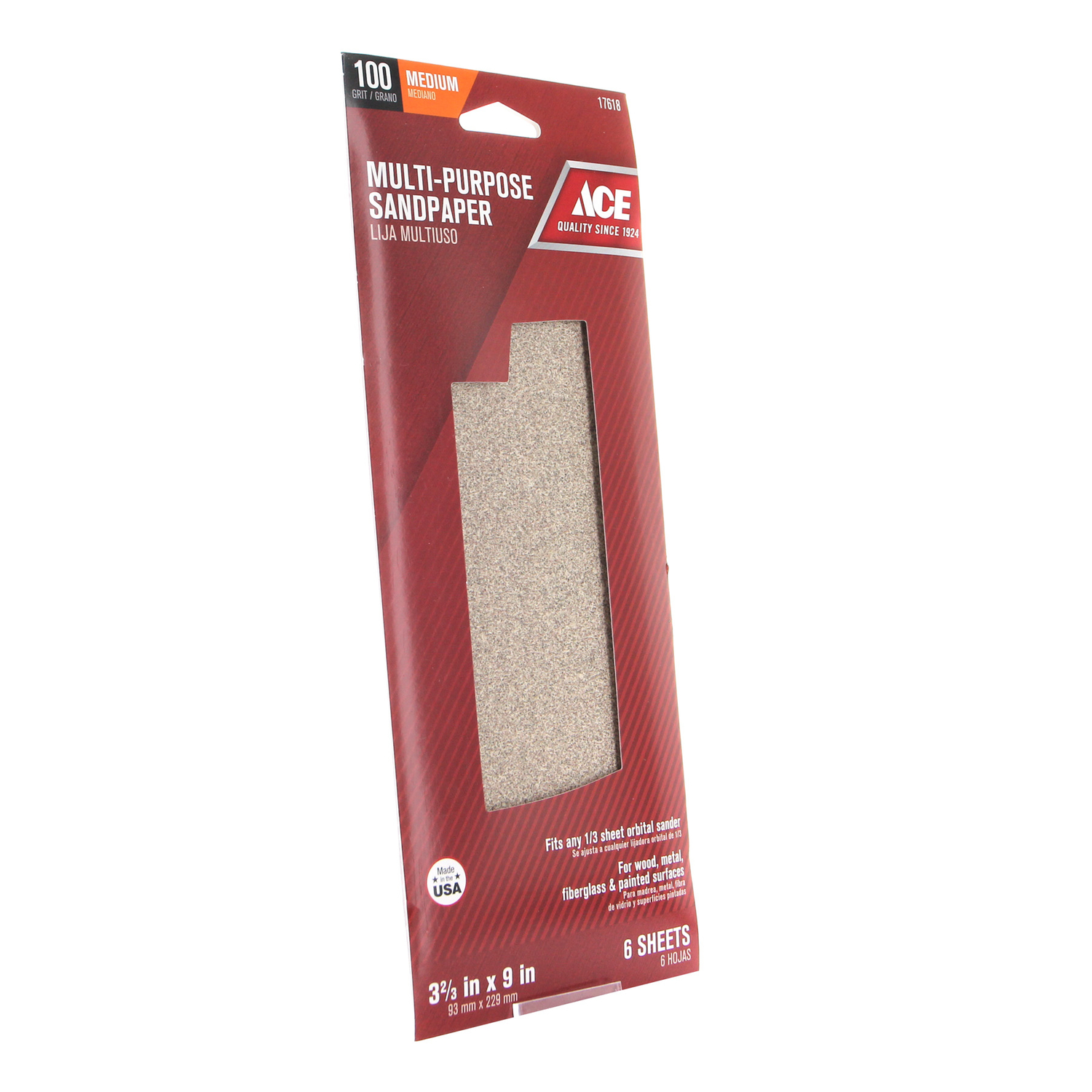 Ace 9 in. L X 3-2/3 in. W 100 Grit Aluminum Oxide Sandpaper 6 pk