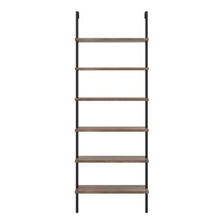 Nathan James Theo 85 in. Matte Black Reclaimed Oak Wood 6-Shelf Wall Mount Ladder Bookcase with Matte Black Metal Frame 65607