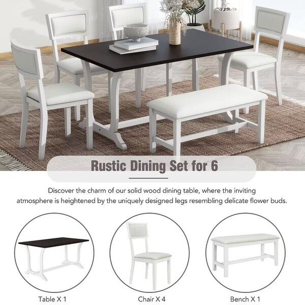 6Piece Trestle Dining Table Set w/ Upholstered Dining Chairs and Bench