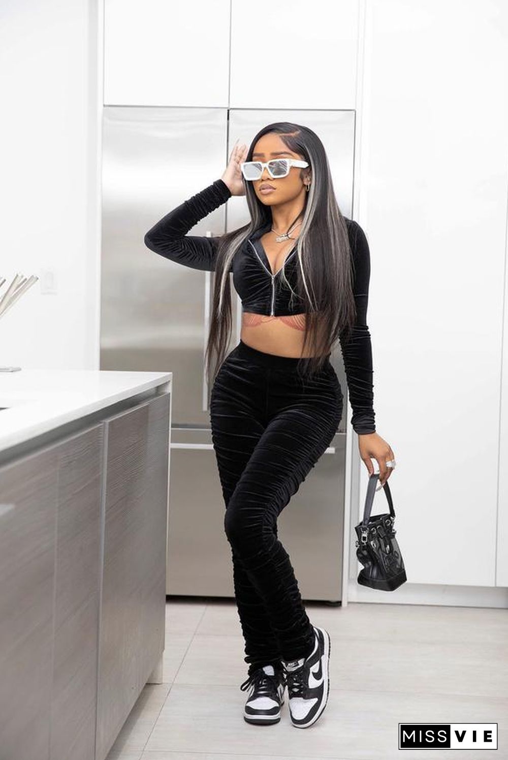 Velvet Zipper Hooded Jacket Crop Top Pants Set