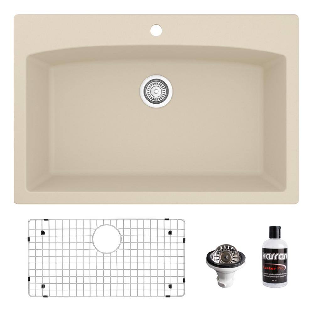 Karran QT-712 QuartzGranite 33 in. Single Bowl Top Mount Drop-In Kitchen Sink in Bisque with Bottom Grid and Strainer QT-712-BI-PK1