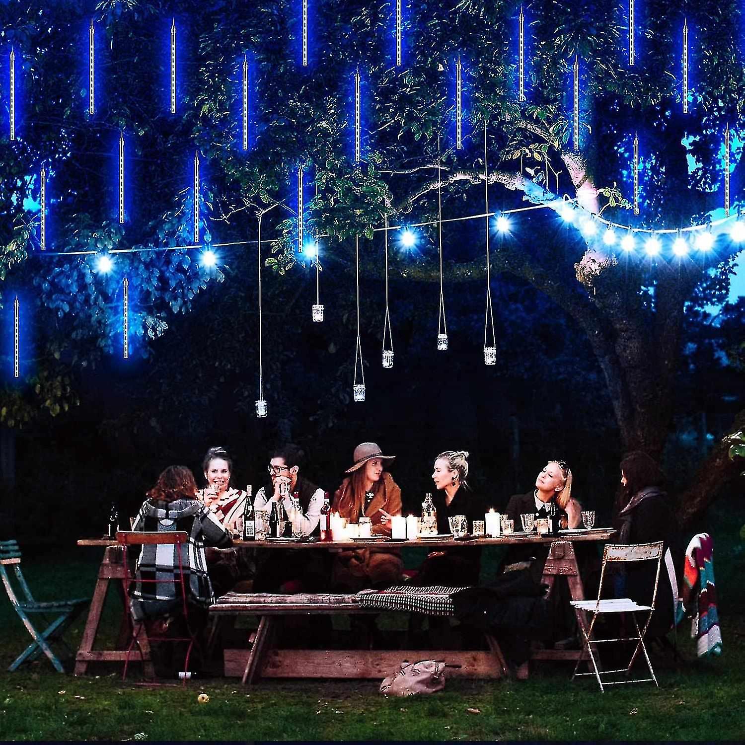 Solar Meteor Shower Lights Outdoor， 30cm 8 Tubes 144 Led Blue Meteor Lights Falling Rain Lights， Wat