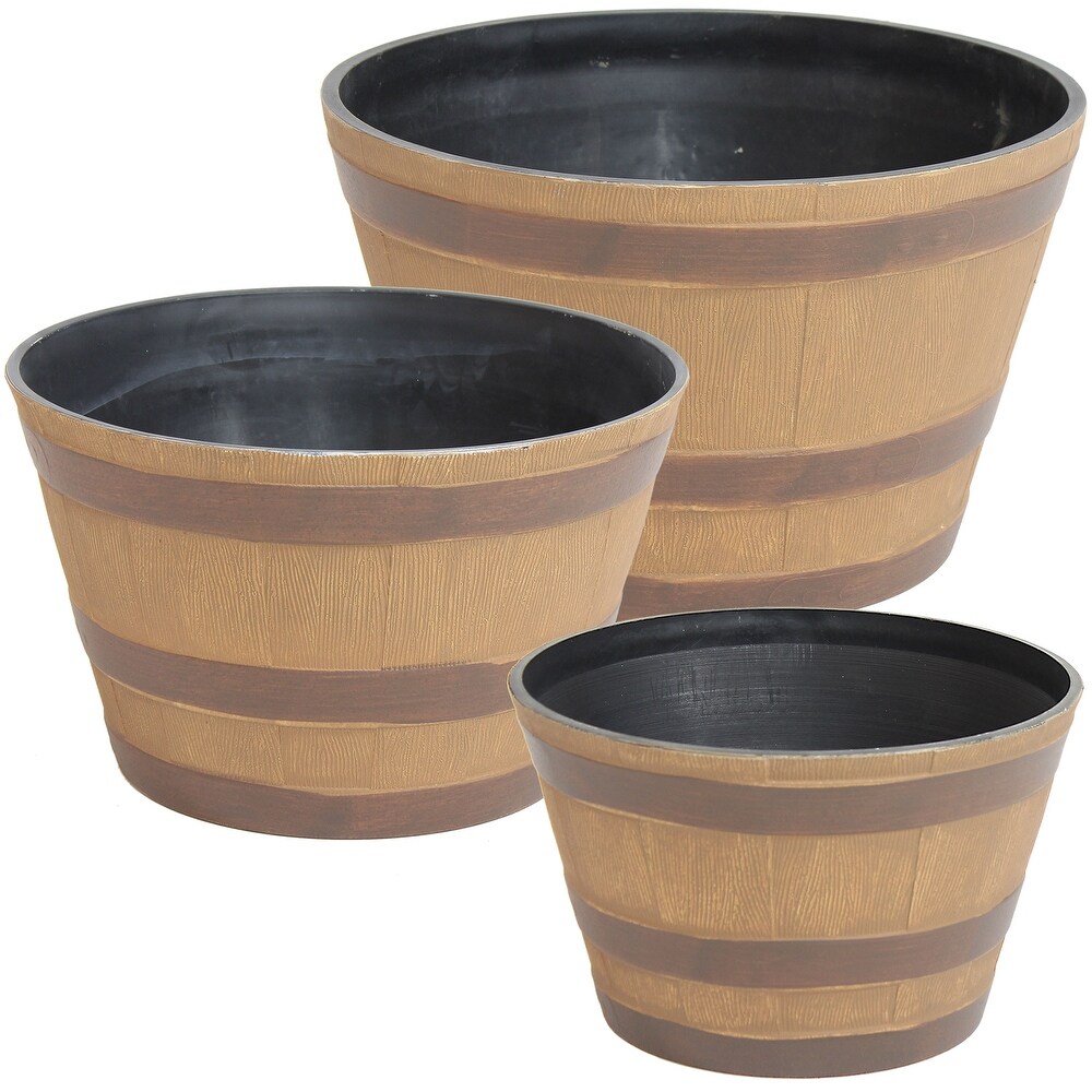 Sunnydaze Resin Rustic Cask Outdoor Planter   Set of 3   BrownBrown