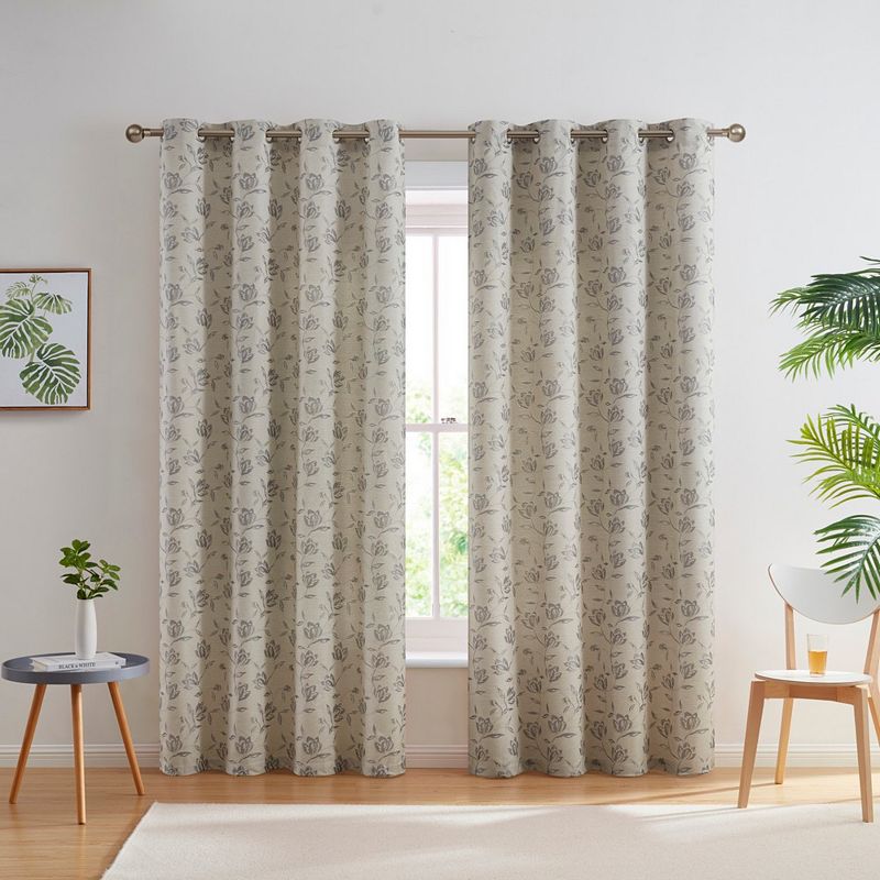 THD Zoe Burlap Flax Linen Floral Jacquard Window Grommet Long Thick Curtains Drapery Panels， Set