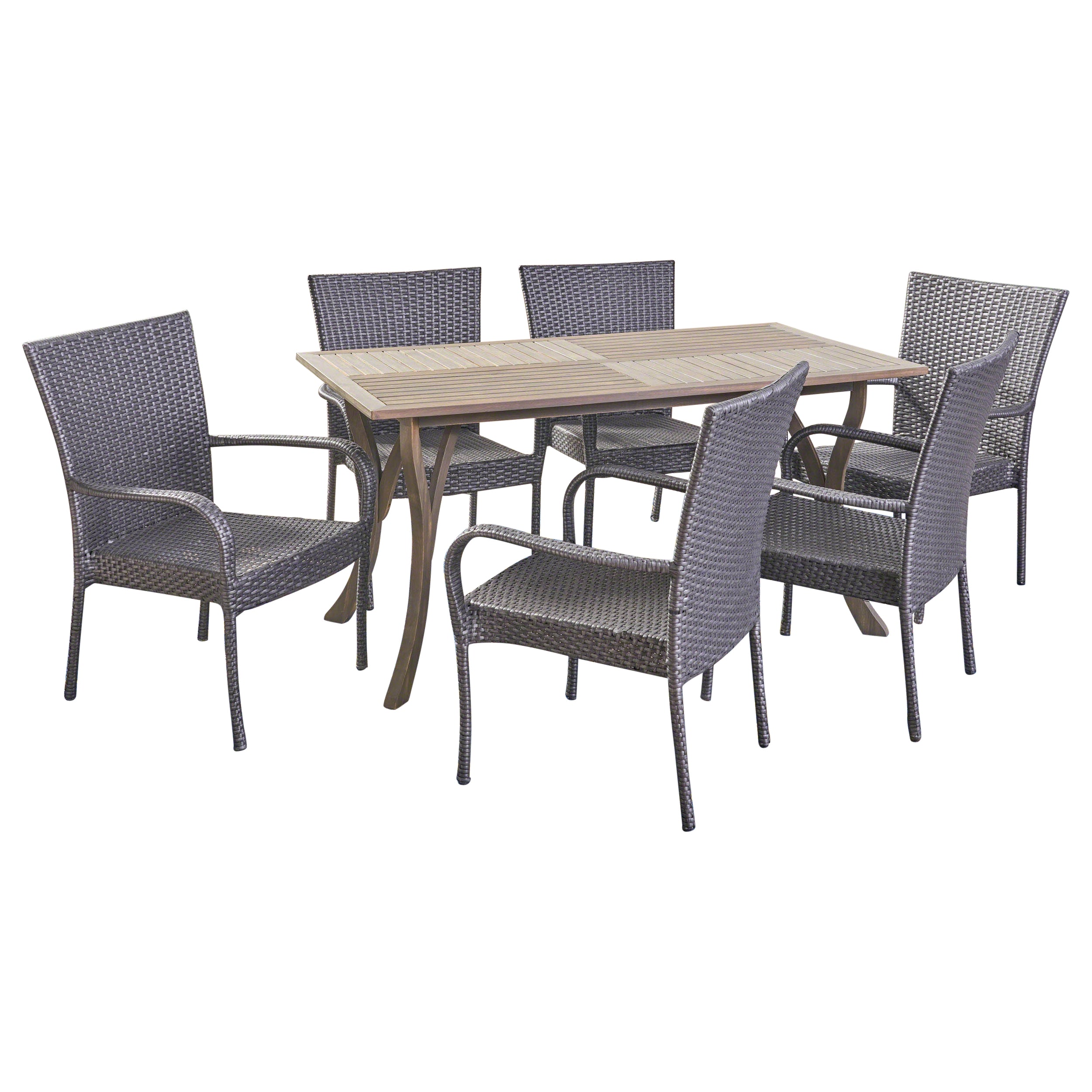 Robin Outdoor 7 Piece Wood and Wicker Dining Set, Gray and Gray