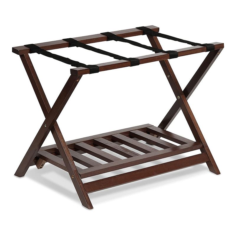 PJ Wood Hotel Style Wood Home Folding Suitcase Luggage Rack with Shelf， Walnut