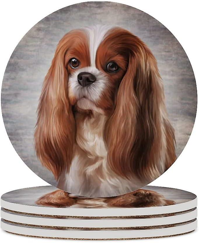 2pcs Round Cavalier King Charles Spaniel On Vintage Color Ceramic Coasters With Cork-backed For Coffee Drink Cup Mat Absorbent Stone Coasters