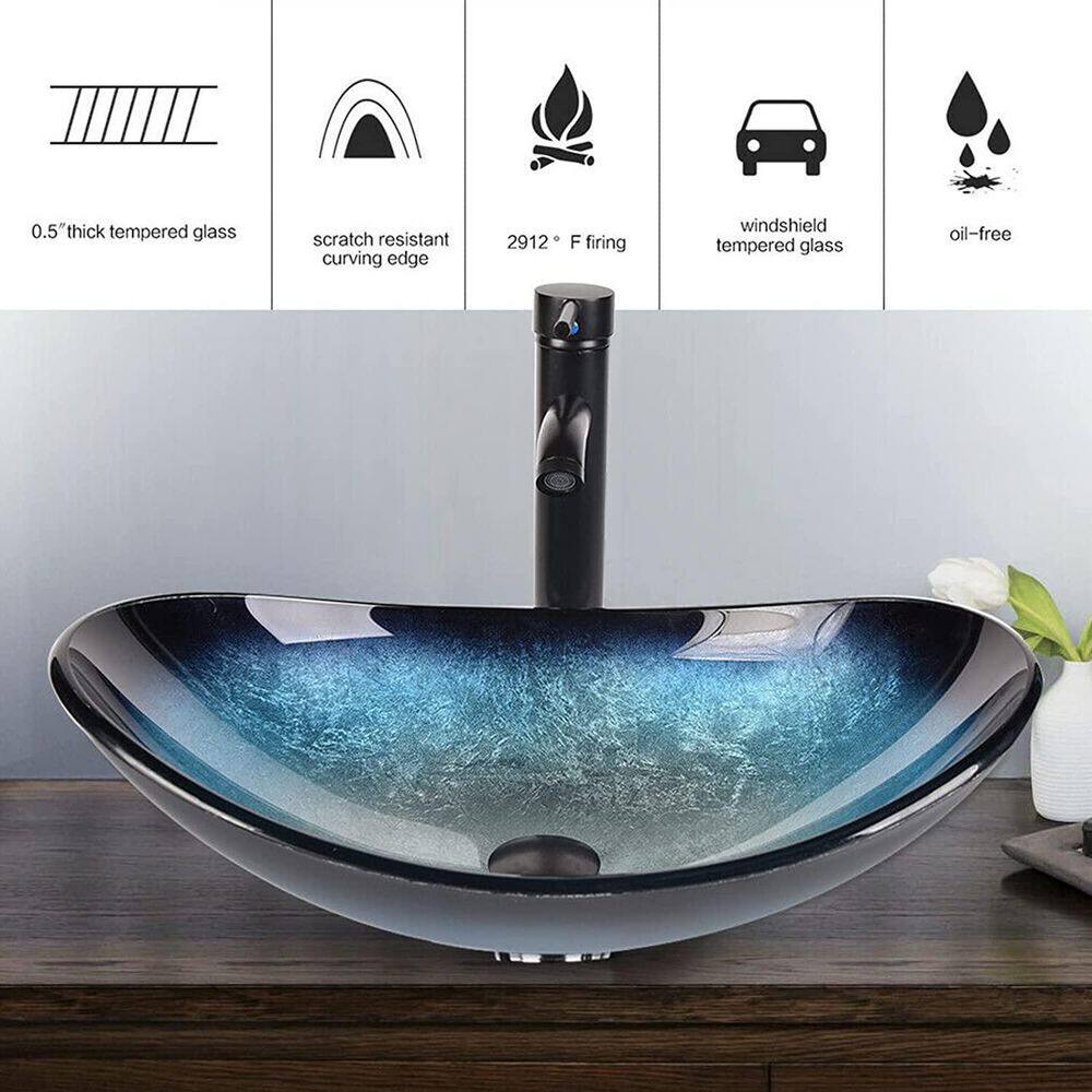 Puluomis Boat Shape Blue Glass Vessel Sink with Faucet in Black included Pop-up Drain USGB0005-BL