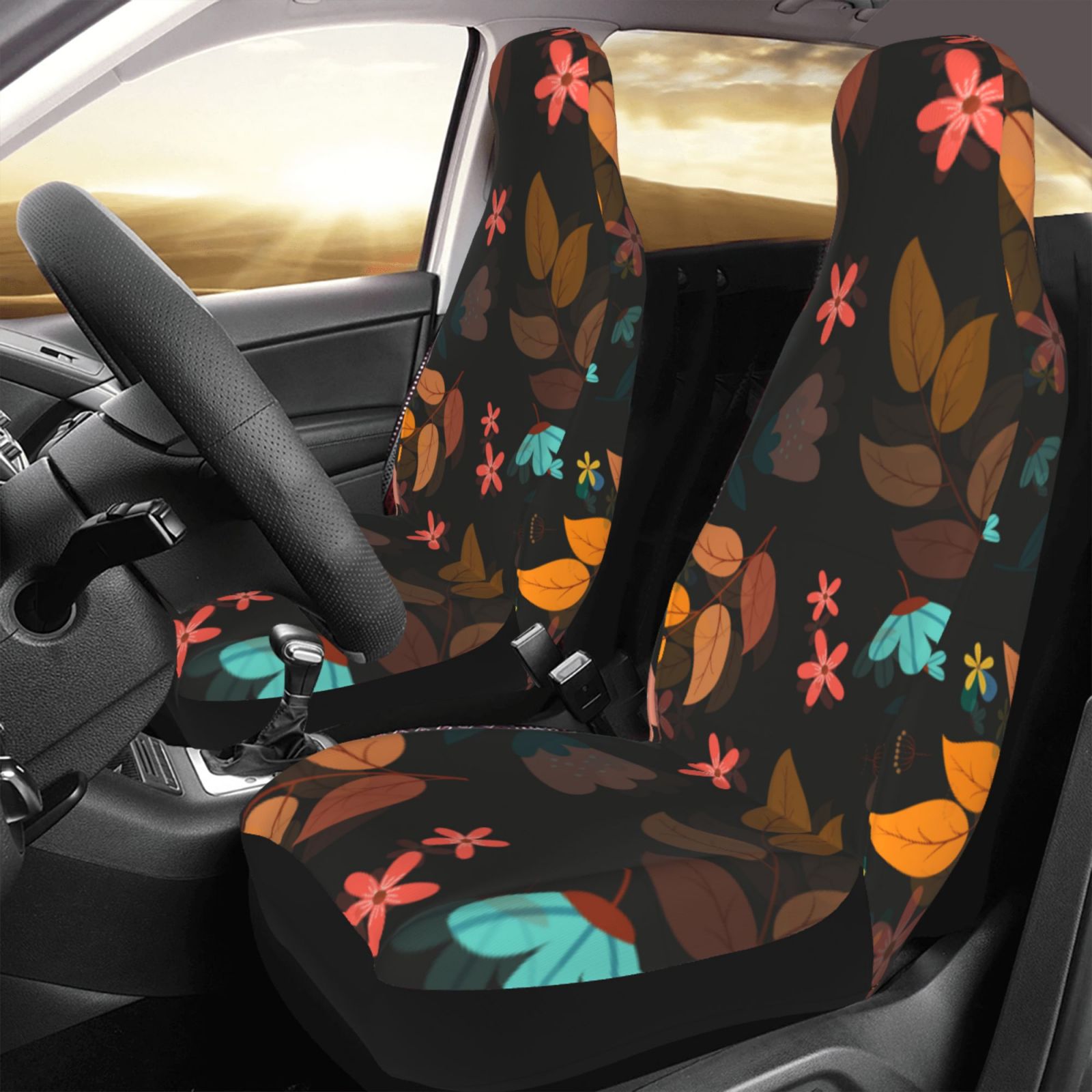 TEQUAN Front Seat Covers， Spring Flowers Leaves Pattern 2 Piece Car Seat Cover Fit Most Car SUV Truck Van