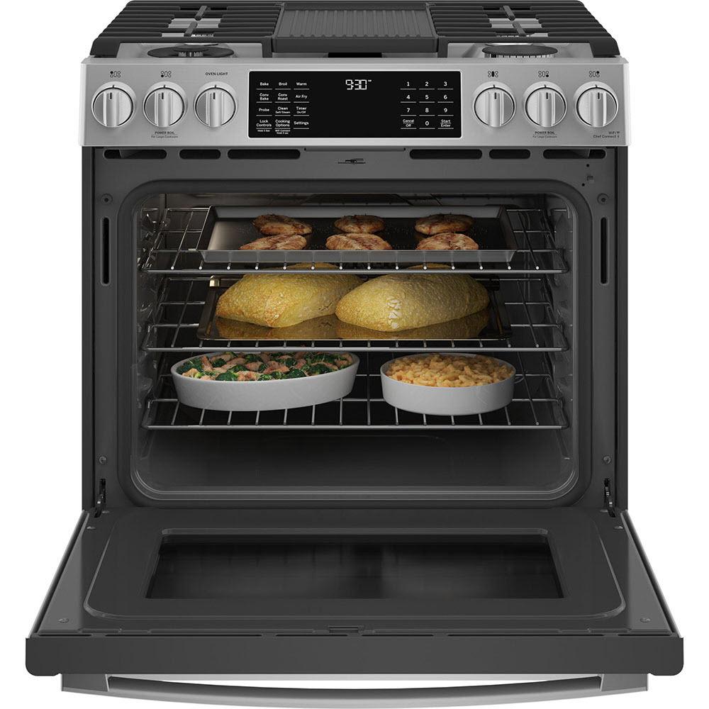 GE Profile 30-in Slide-in Dual Fuel Range with No Preheat Air fry Technology PC2S930YPFS