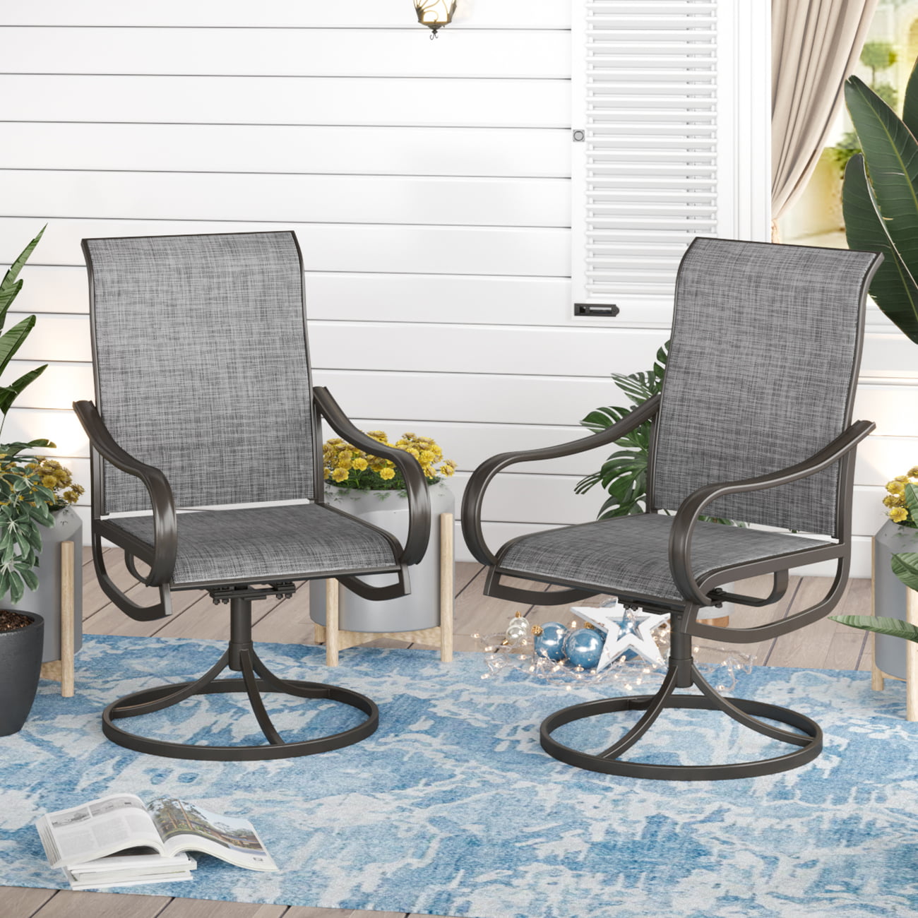 Sophia & William 2Pcs Patio Outdoor Dining Swivel Chairs Set with Brown Steel Frame