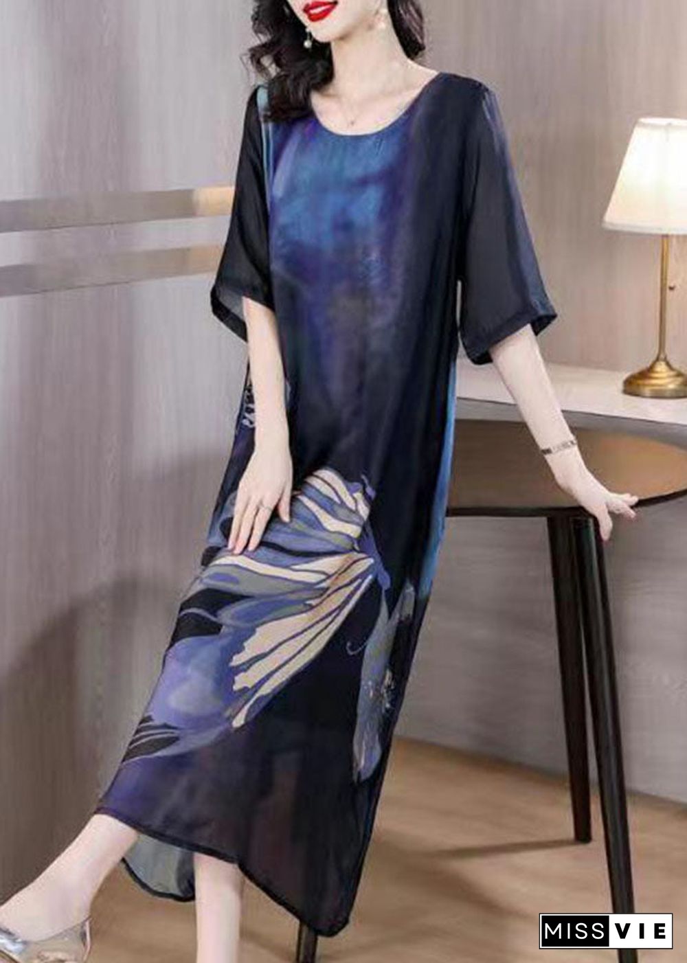 Italian Blue O Neck Print Patchwork Slim Silk Dresses Summer