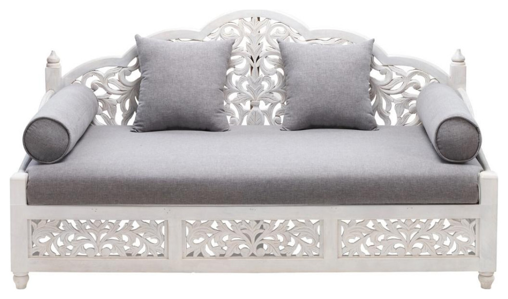 Lace Collection Daybed Sofa Carved White Washed Wood with Throw Pillows   Farmhouse   Sofas   by Sideboards and Things  Houzz