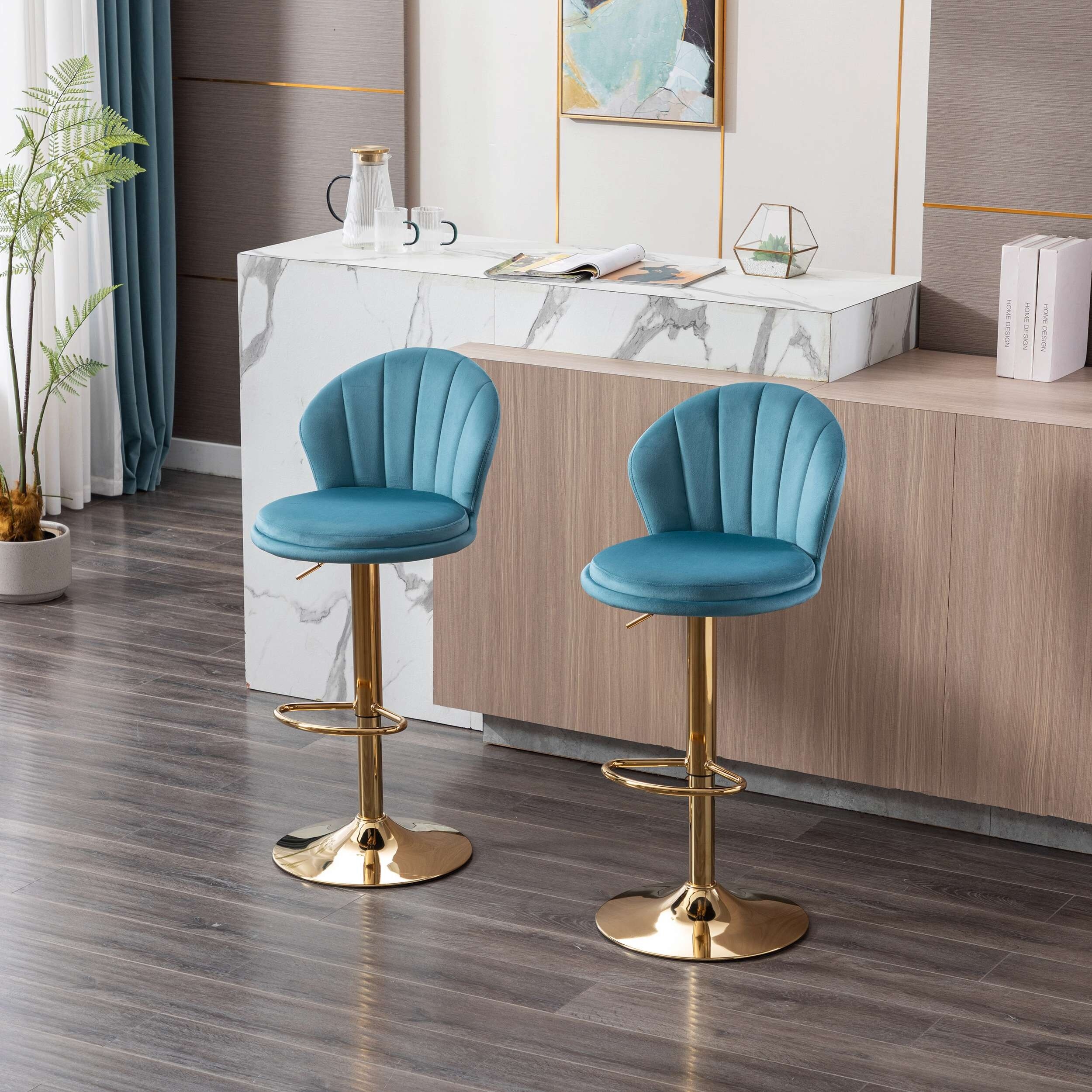 Bar Stools，with Chrome Footrest and Base Swivel Height Adjustable Mechanical Lifting Velvet + Golden Leg