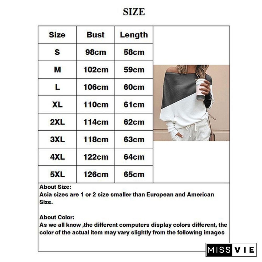 Fashion Women's Sweater Stitching Off-Shoulder Knit Long Sleeve T-Shirt Top Plus Size S-5XL