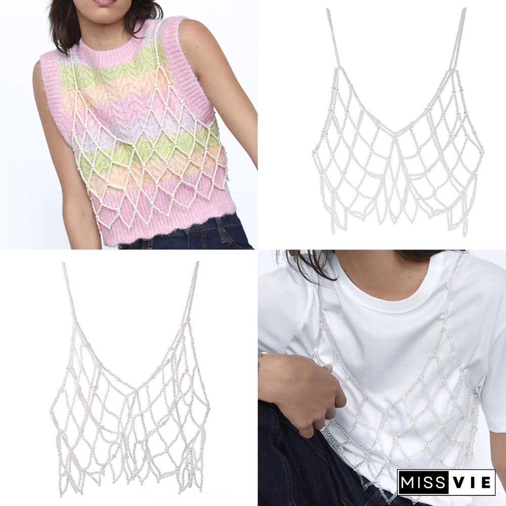 Women Handmade Woven Body Chain Camisole Imitation Pearl Crystal Beaded Vest Hollow Out Mesh Tank Top Body Jewelry Festival