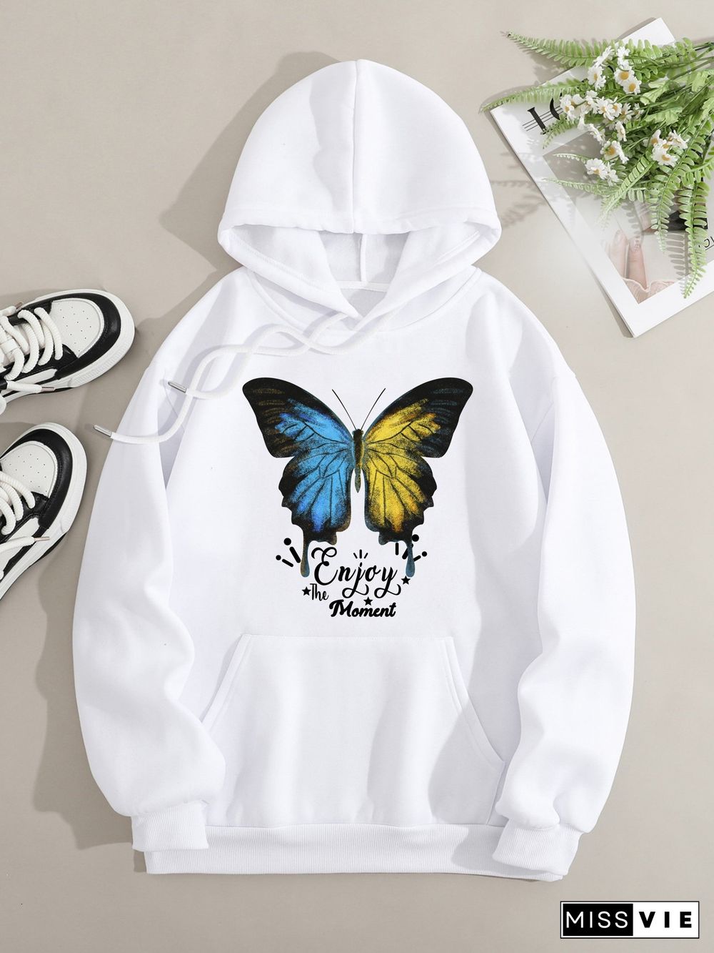 Printed on front Kangaroo Pocket Hoodie Long Sleeve for Women Pattern Butterfly Enjoy the Moment