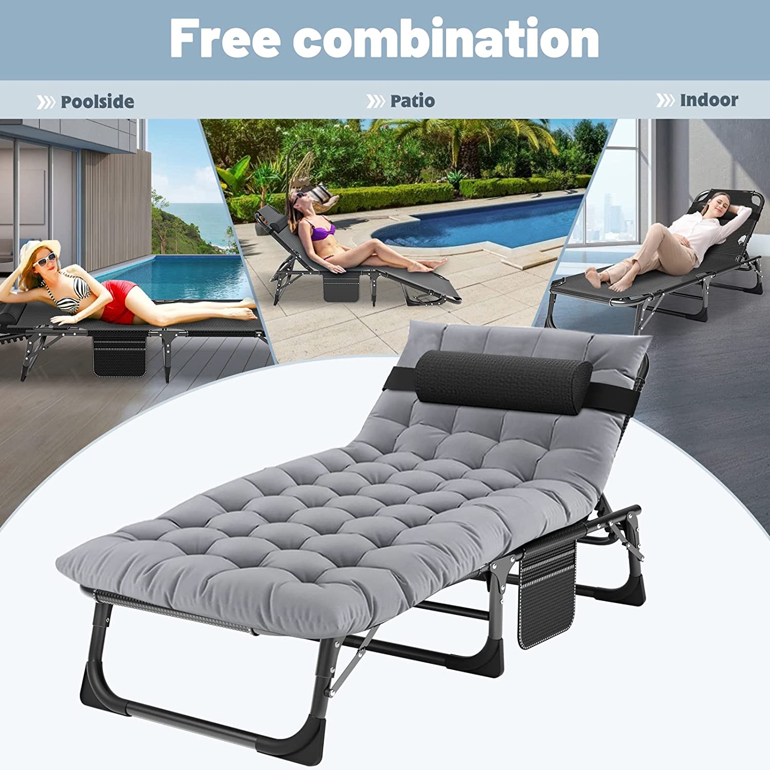 ABORON Folding Camping Cot， Folding Bed with 2 Sided Mattress and Pillow， Adjustable 4-Position Folding Chaise Lounge Chair