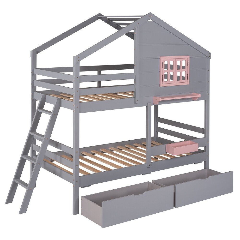 Contemporary Unique Design Twin over Twin Bunk Bed with 2 Drawers  1 Storage Box  1 Shelf and Quality Structure for Bedroom