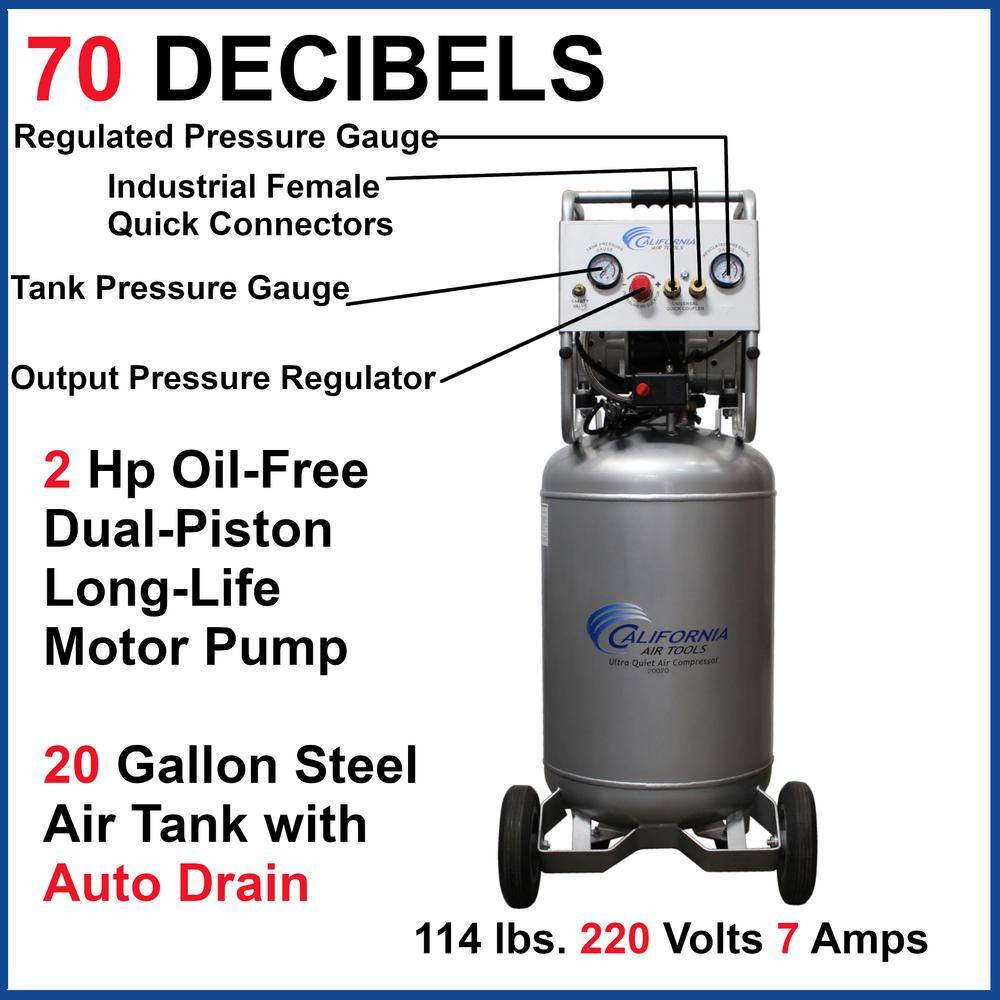 California Air Tools 20 Gal. 2.0 HP 220-Volt 60 Hz Ultra Quiet and Oil-Free Electric Air Compressor with Automatic Drain Valve 20020AD-22060