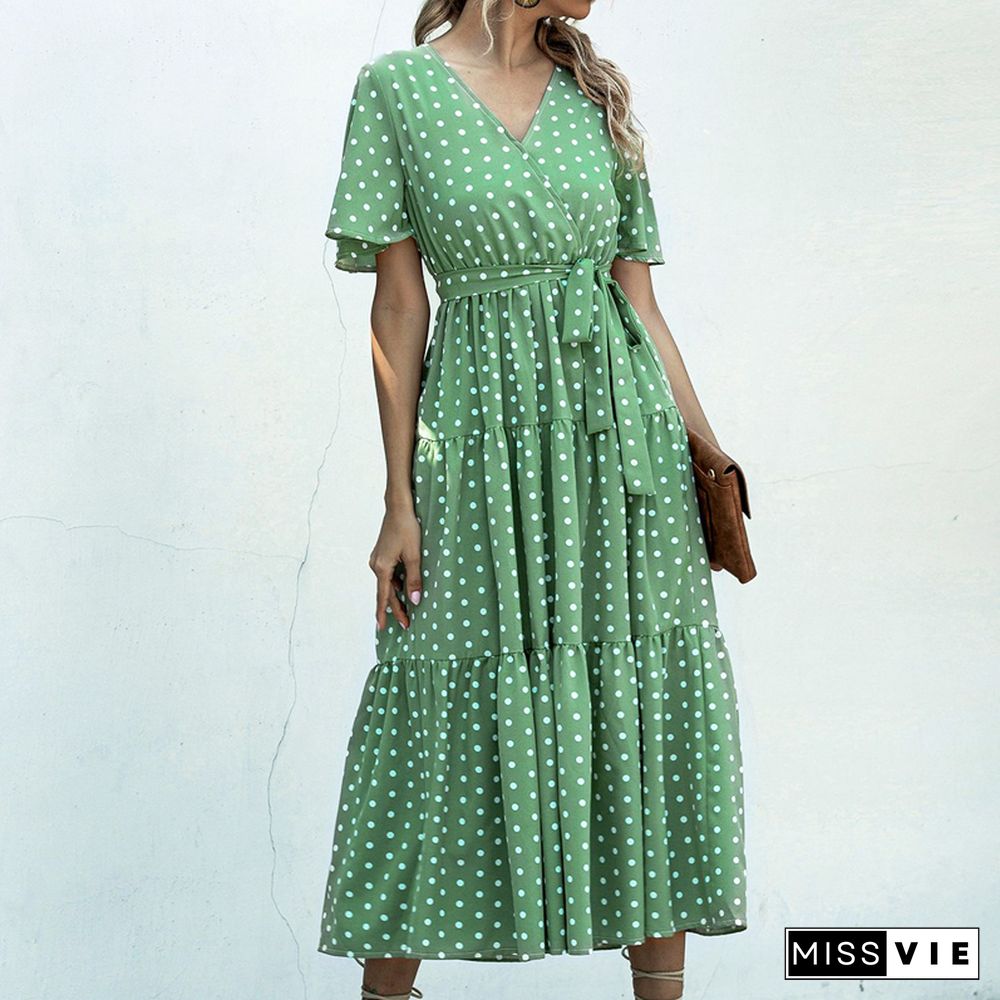 Summer Elegant V-neck Cross Belt Sexy Beach Long Dress Women Print Flowers Polka-dot Strap Ladies Boho Dress Women Vestidos