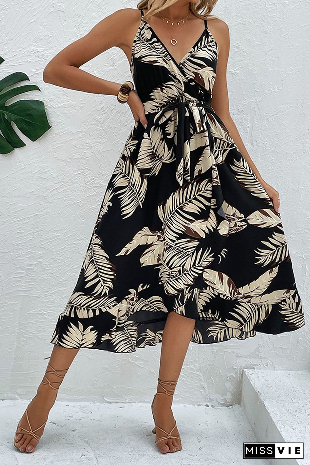 Black Palm Leave Print Spaghetti Dress