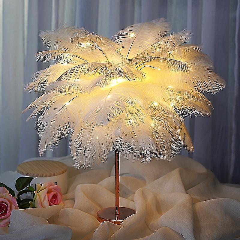 Diy Creative Feather Table Lamp Warm White Light Tree Feather Lampshade Girl Led Wedding Decorative Lights Pink White Birthday