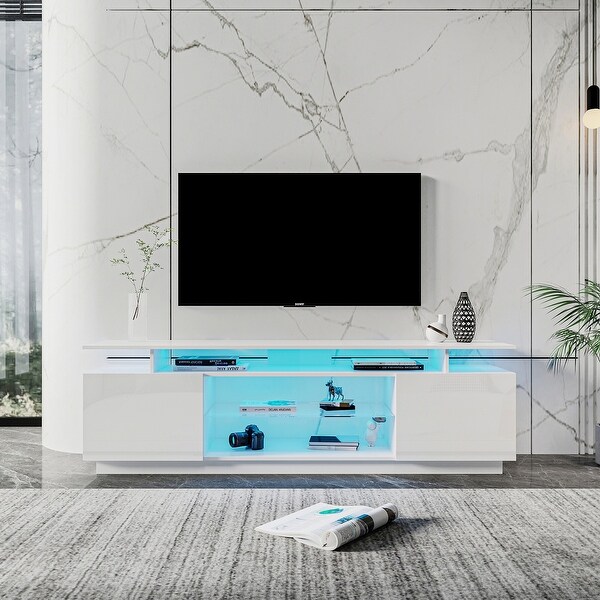 Media TV Stand Console Table Entertainment Center， 2 Storage Cabinet with Open Shelves for 80