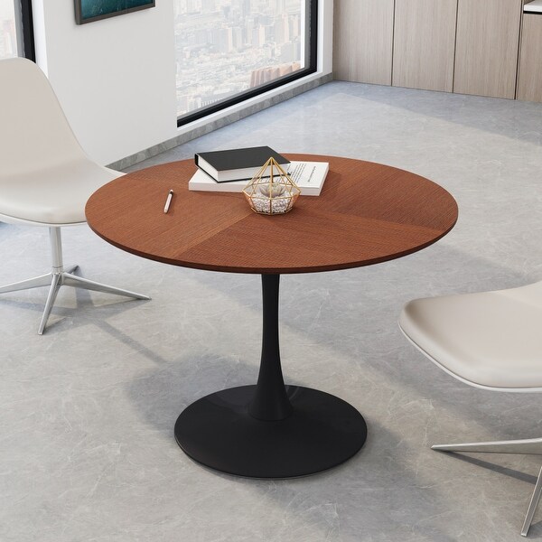 42in. Round Dining Table with Printed Wood Grain Table Top，Metal Base