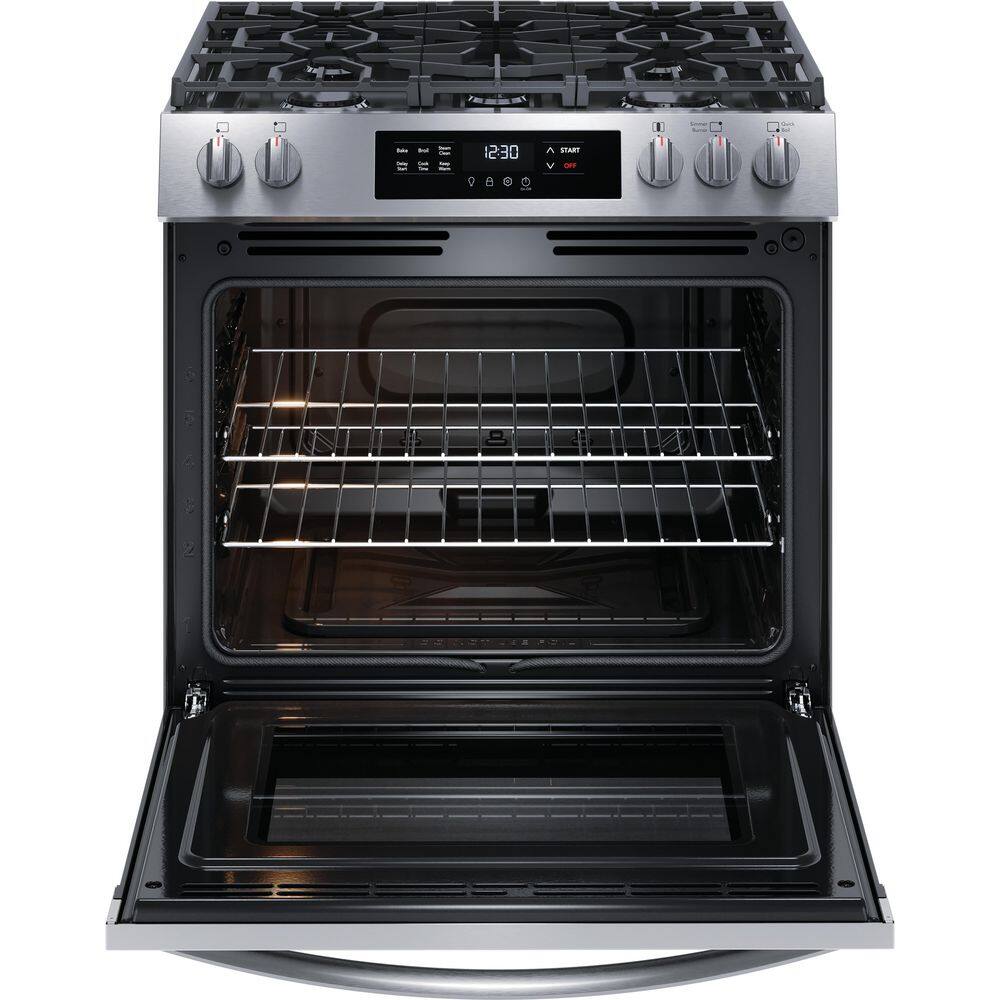 Frigidaire 30 in. 5 Burner Front Control Gas Range with Steam Clean in Stainless Steel FCFG3062AS