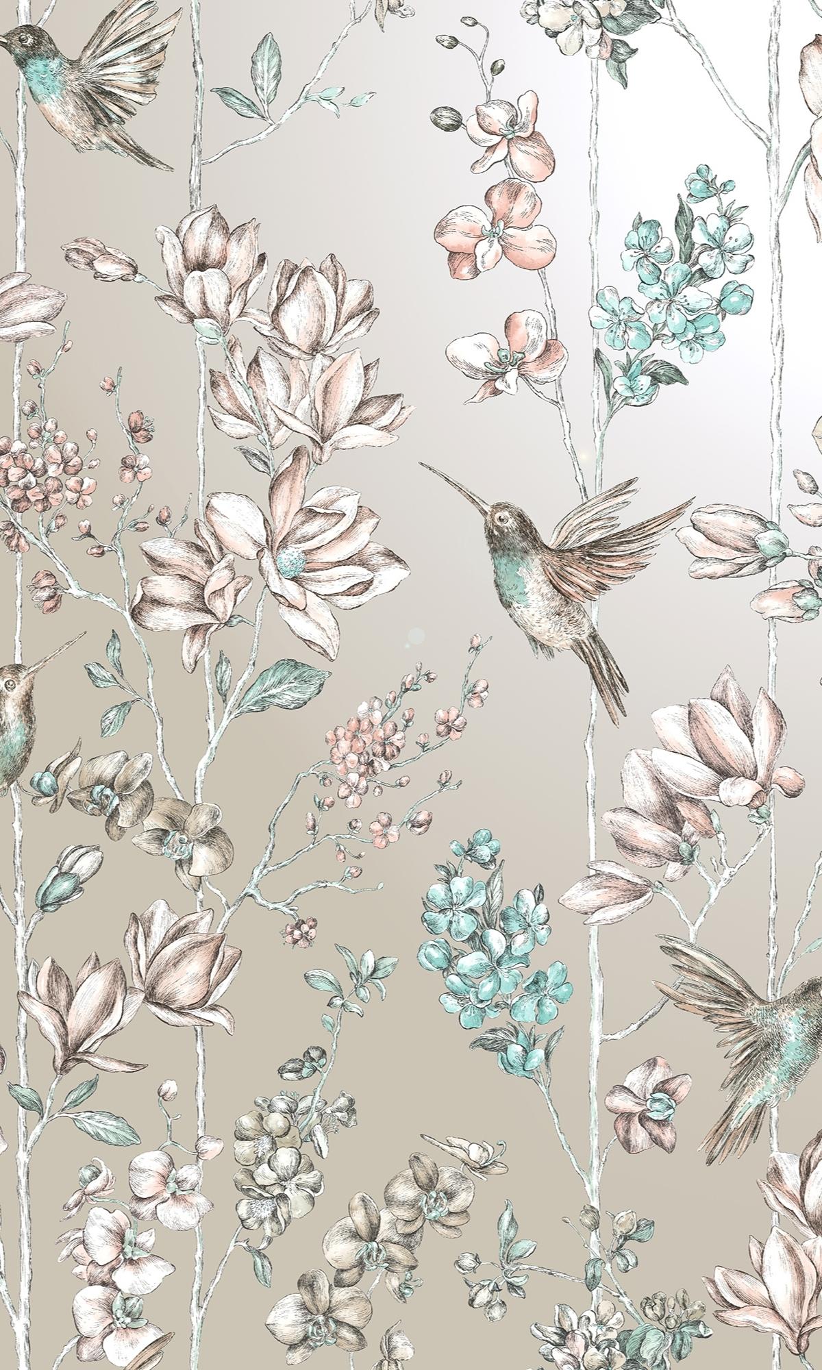 Painted Flowers and Hummingbirds Charm Gilver Floral Wallpaper