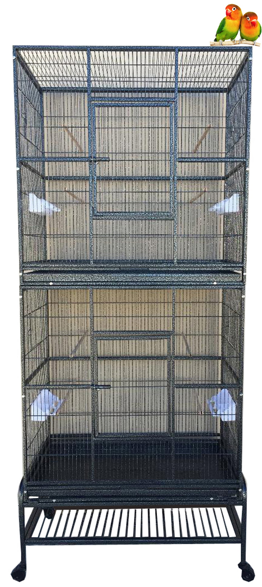 Double X-LARGE Stacker Sturdy Wrought Iron Bird Flight Parrot Breeding Rolling Stand Cage for Cockatiel Conure Canary Aviary Finches Budgies