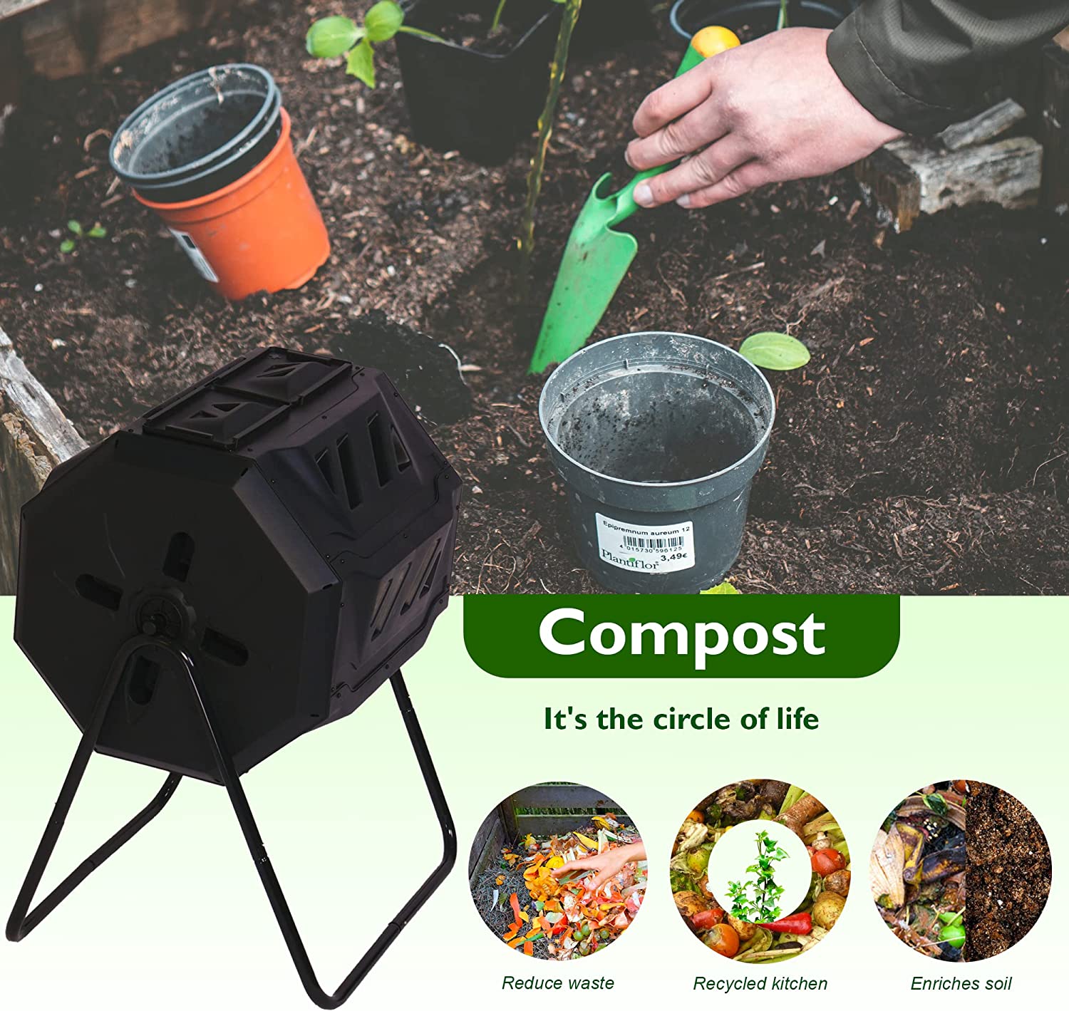 Dual Chamber Compost Tumbler, Outdoor Tumbling Rotating Compost Bin, 42 Gallon Tumbling Composter with 2 Sliding Doors, Easy Turn All Season Composter, Black