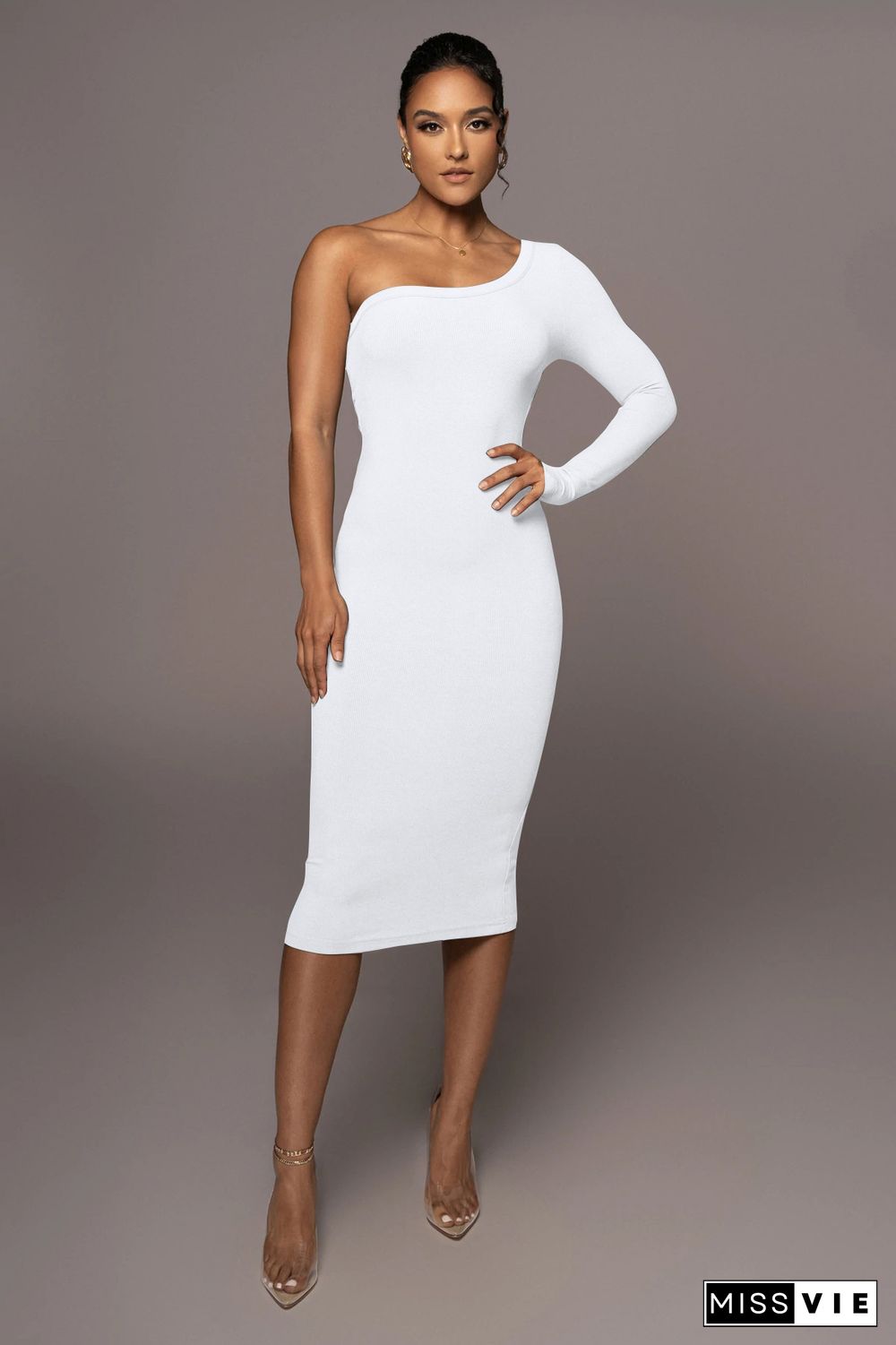 Single Shoulder Long Sleeve Cut Out Bodycon Dress