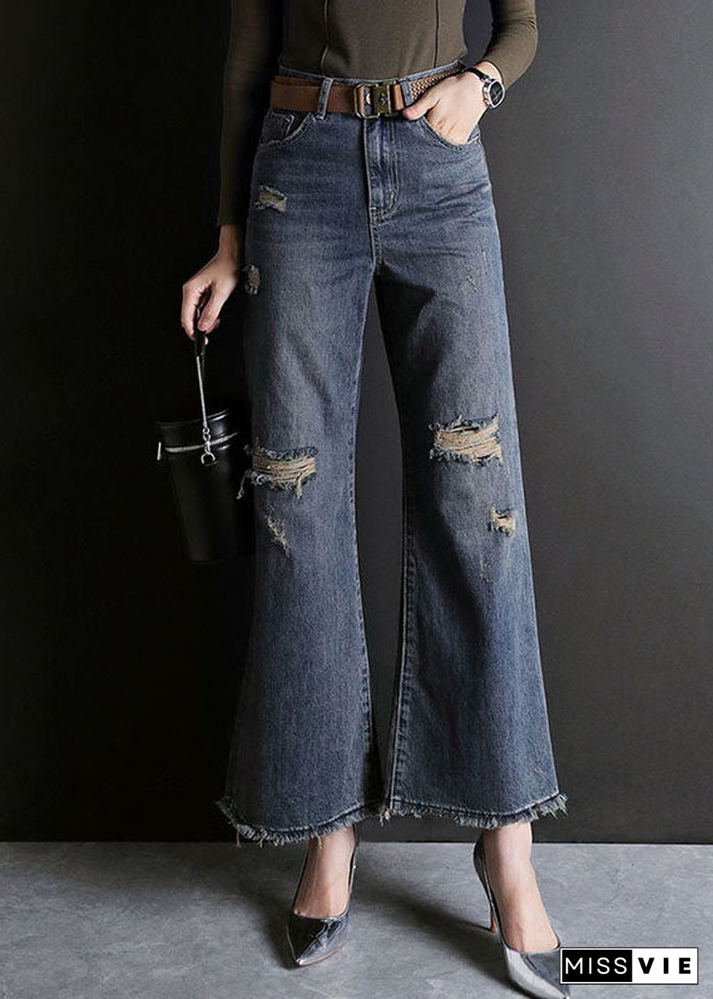 Fashion Blue High Waist Hole Pockets Cotton Denim Flare Pants Summer