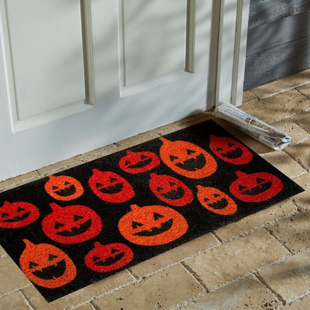 Pumpkin Estate Rectangle Indoor And Outdoor Coir Door Welcome Mat Orange Pumpkins On Black Background