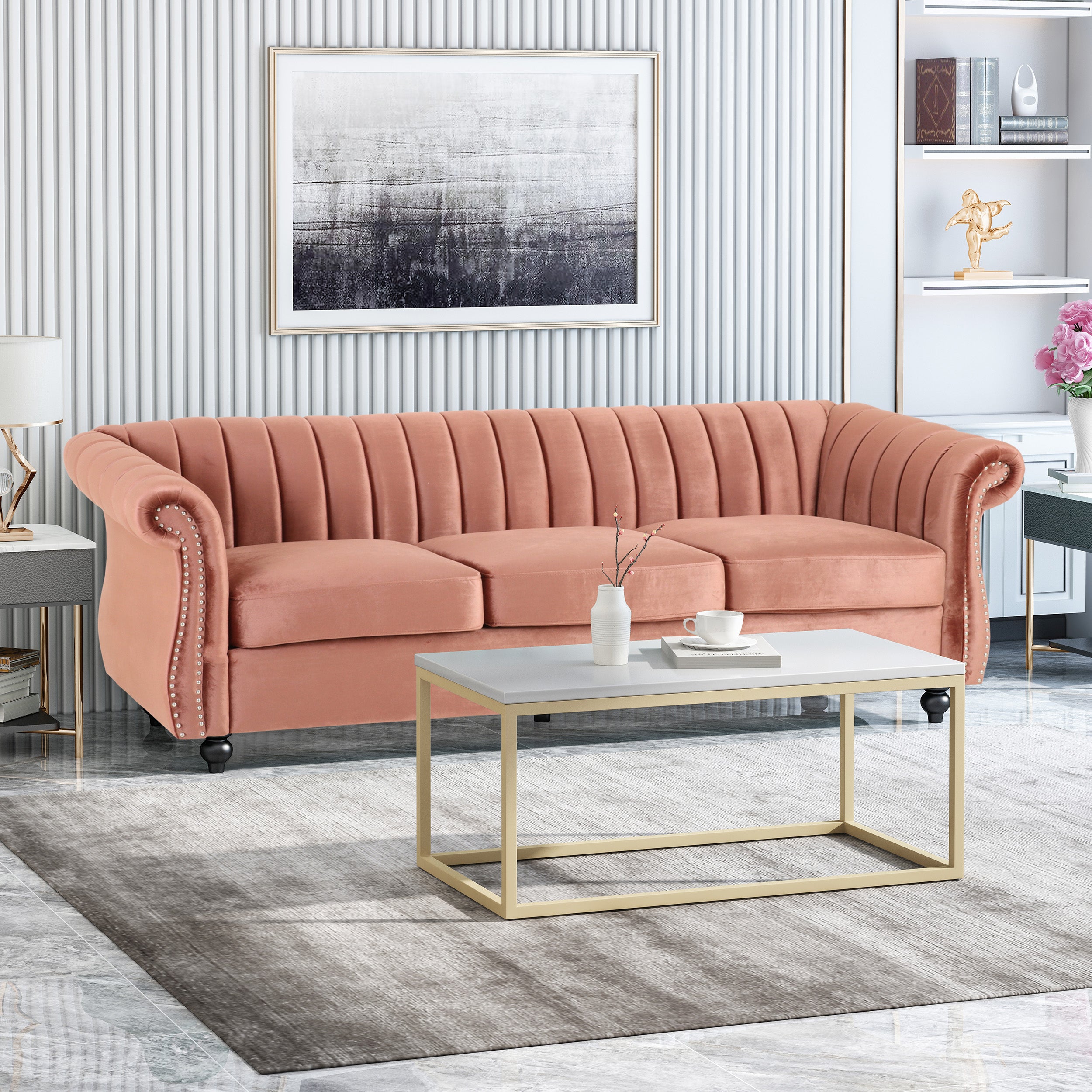 Olga Modern Glam Velvet 3 Seater Sofa, Umber and Dark Brown