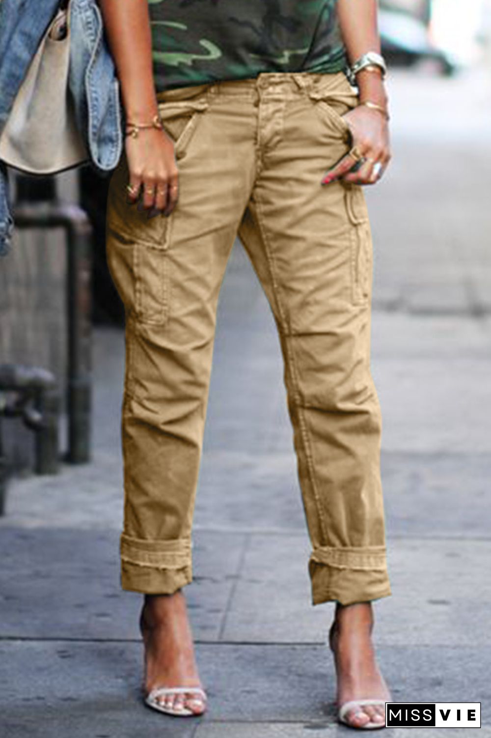 Solid Flap Pocket Straight Leg Low Waist Cargo Pants