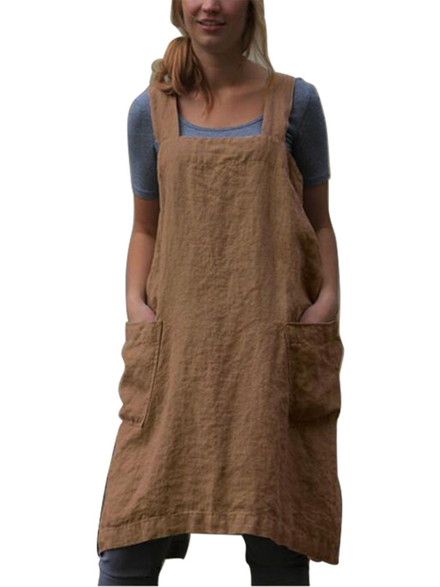 Japanese Cross Back Apron with Handy Pockets Cotton Linen Pinafore Apron for Cooking Cleaning Gardening