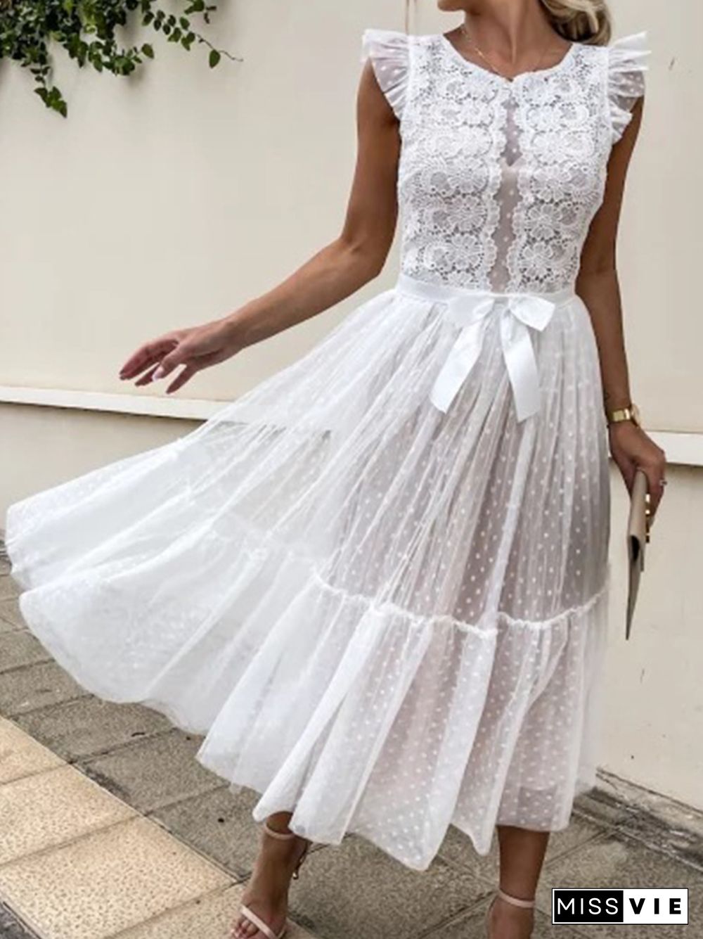 Elegant Solid Color Lace O Neck Party Dress Ladies Fashion Mesh Panel Sleeveless Long Dresses Women Retro Bow Slim Sweet Dress