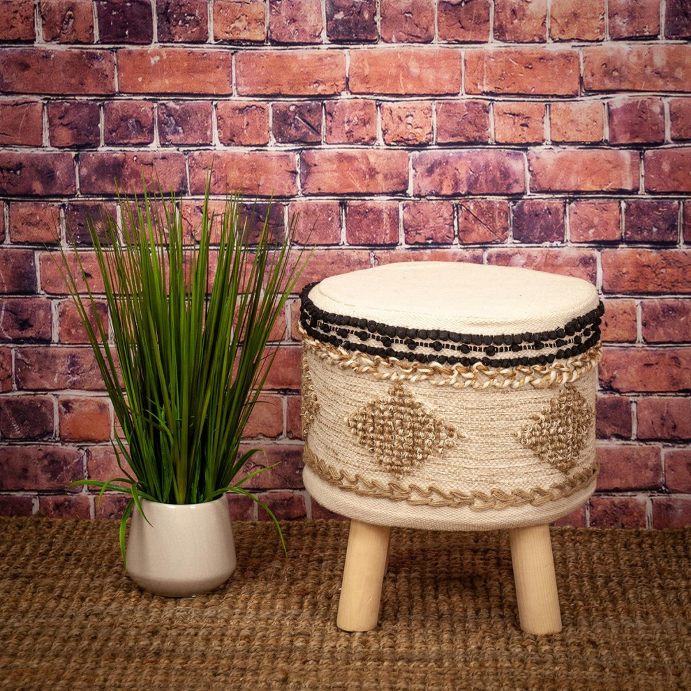 16 quotBeige Jute And Brown Round Abstract Ottoman   Scandinavian   Footstools And Ottomans   by HomeRoots  Houzz