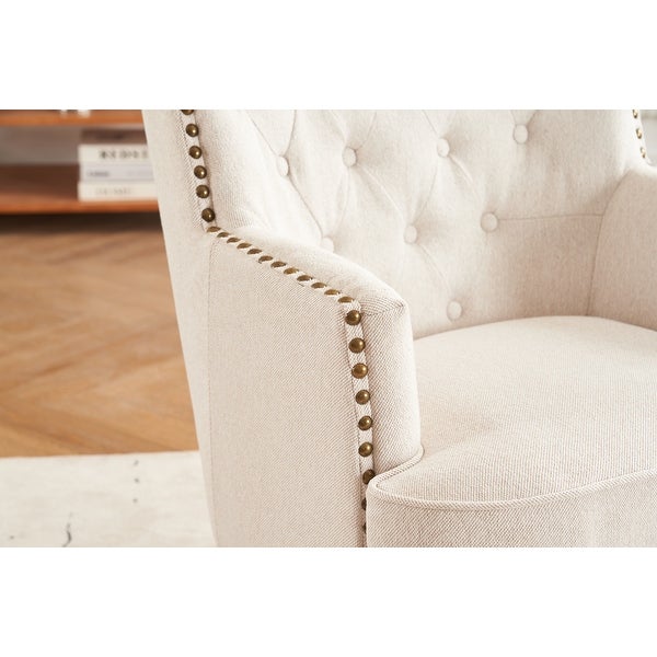 Button Tufted Accent Chairs with Ottoman Nailhead Line Fabric Upholstery Chair， Diamond Stitching ChairandOttoman Sets， Beige