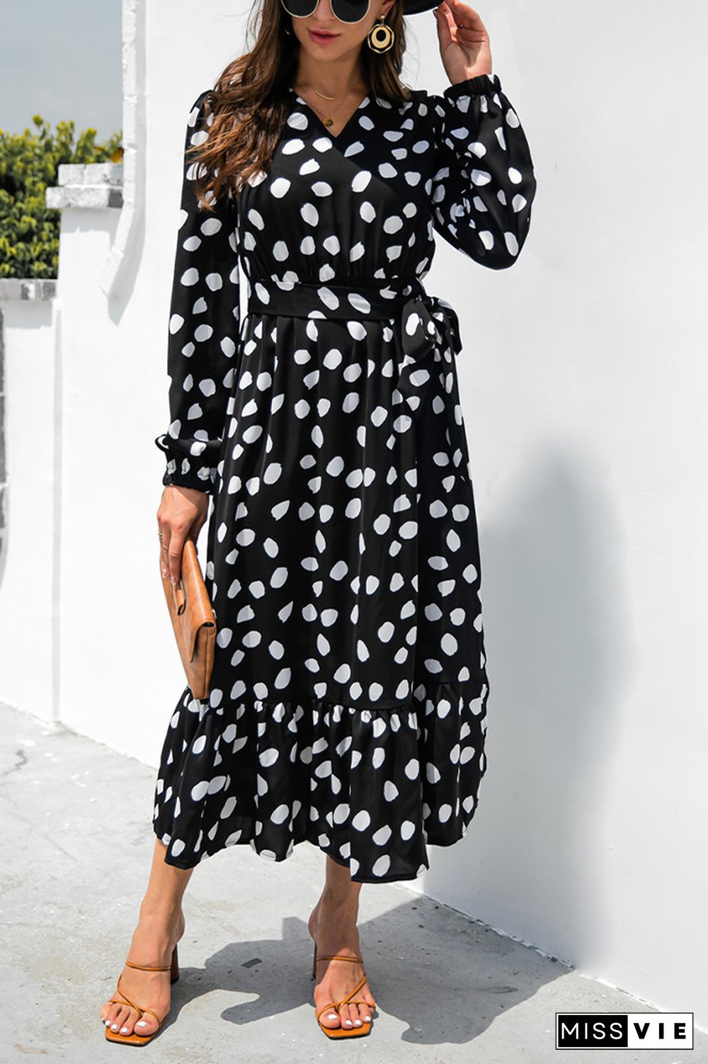 Dot Full Printed Longsleeves Split Lace-up Dress Wholesale