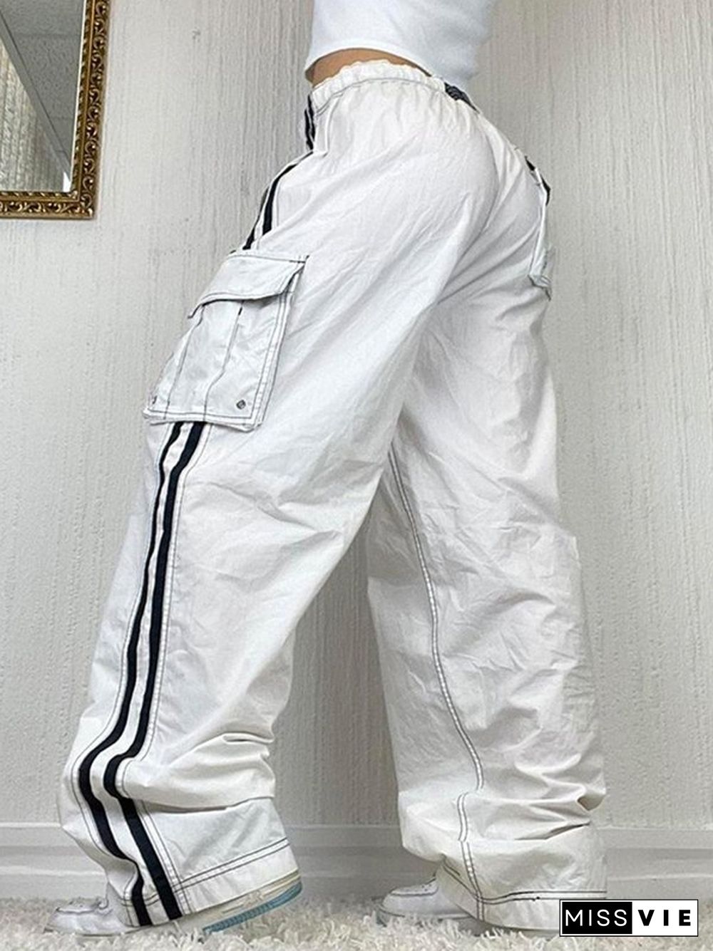 Side Striped White Baggy Cargo Jeans