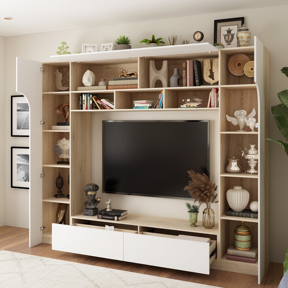 Chic   Functional Large Oak White TV Stand Ample Storage Entertainment   94.5\