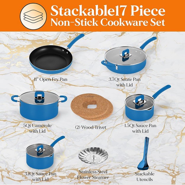 Nutrichef Kitchenware 17 Piece Non stick Cookware Set Non stick Pans And Pots With Foldable Knob Space Saving Stackable Nylon Tools Set