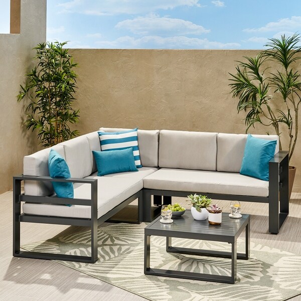 Dursley Outdoor Aluminum Sectional Sofa with Coffee Table by Christopher Knight Home