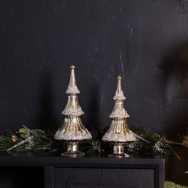 Silver Beaded Glass Holiday Tree (Set of 2)