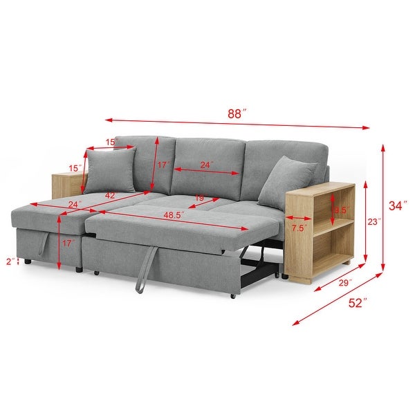 2 Seats Sofa and Reversible Chaise with Storage， MDF Shelf Armrest