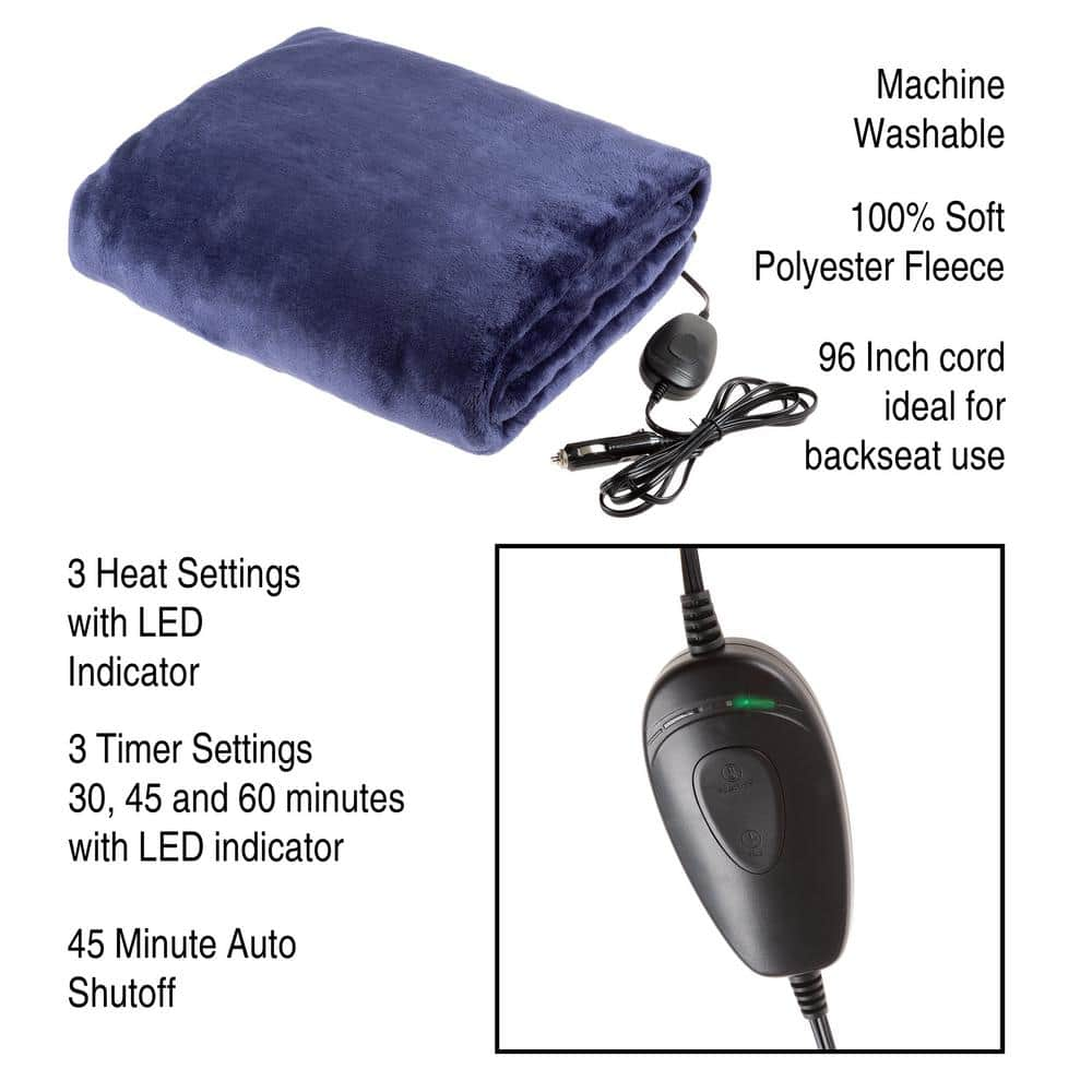 Stalwart Blue Polyester 12 Volt Electric Heated Car Blanket Travel Throw Fleece HW6000009